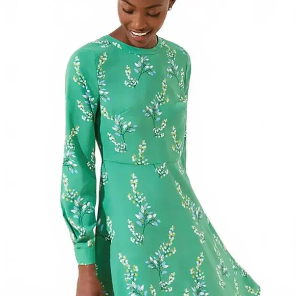 LOFT Women's Green Flower Branch Flare Dress - Picture 1 of 5